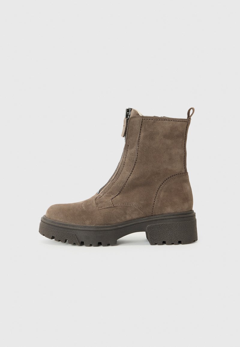 Brown suede ankle boots with a side zipper, textured rubber sole, and a block heel; features a loop tab at the back for easy wear.