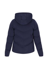 Jachetă umplută de culoare albastru marin cu glugă, având un design cu matlasare în formă de V, textură căptușită și detalii cu manșete elastice, prezentată din spate.