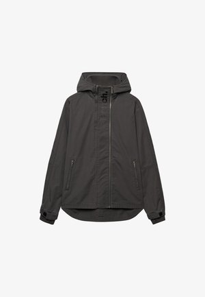 Dark gray hooded jacket with front zipper, zippered side pockets, adjustable wrist straps, and subtle vertical logo on the chest.