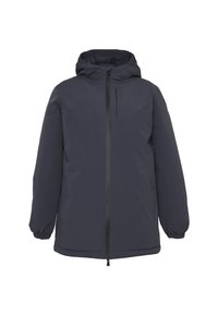 Giacca imbottita blu con zip frontale, cappuccio removibile, polsini elasticizzati e tasca sul petto. Tessuto liscio e resistente all'acqua.