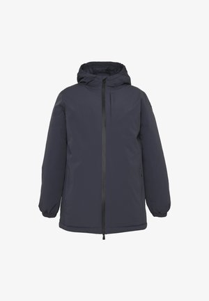 Giacca imbottita blu con zip frontale, cappuccio removibile, polsini elasticizzati e tasca sul petto. Tessuto liscio e resistente all'acqua.