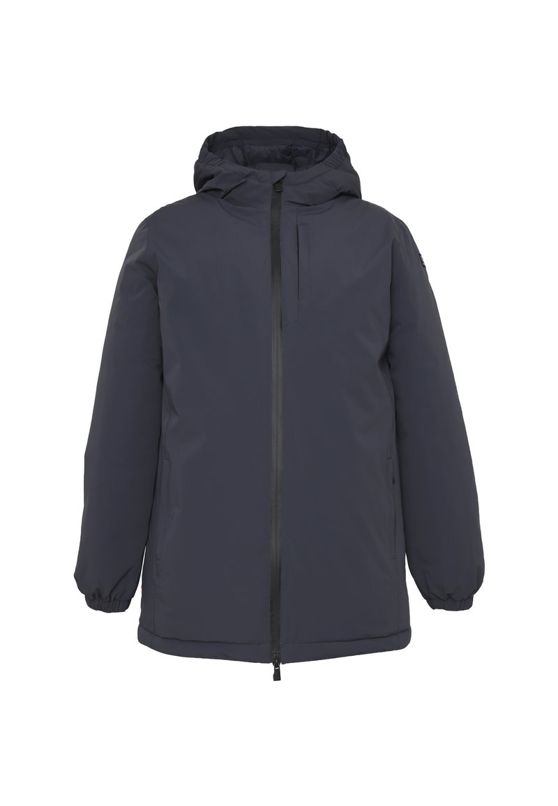 Giacca imbottita blu con zip frontale, cappuccio removibile, polsini elasticizzati e tasca sul petto. Tessuto liscio e resistente all'acqua.