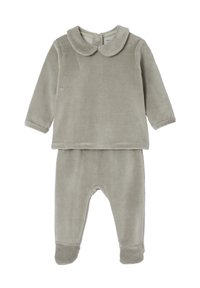 Light gray corduroy two-piece outfit with a collared long-sleeve top and footed pants. Textured fabric and ribbed details throughout.