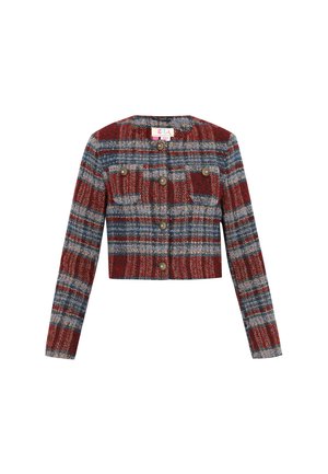 Skraćeni kaput u crveno-plavom i sivo-kariranom uzorku s dugim rukavima, zatvaranjem na dugmad i prsnih džepovima sa zlatnim hardverom.