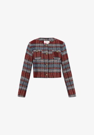 Rövid fazonú dzseki piros, kék és szürke kockás mintával, hosszú ujjakkal, gombos záródással, és aranyszínű fémhardware-rel ellátott mellzsebekkel.