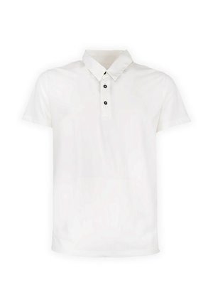 Witte polo met korte mouwen, klassieke kraag en drie zwarte knopen op de knoopsluiting aan de voorkant.