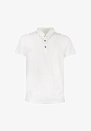 Polo bianca a maniche corte con colletto classico e tre bottoni neri sulla patta frontale.