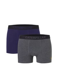 Deux paires de boxers pour hommes : une en violet uni et une en gris chiné, toutes deux dotées de ceintures élastiques noires avec le logo "CATERPILLAR".