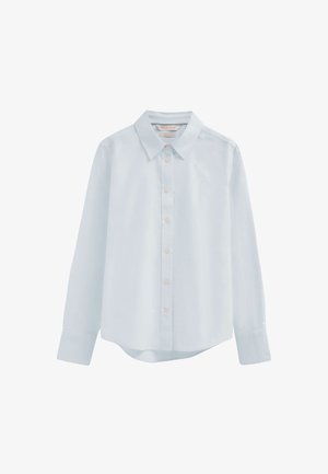 Lichtblauw overhemd met lange mouwen, knoopsluiting, puntige kraag en klein geborduurd logo op de linkerborst.