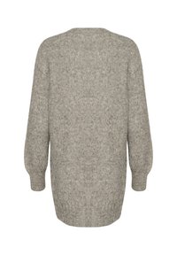 Übergroßer Strickpullover, hellgrau, mit langen Ärmeln und abgerundetem Saum. Verfügt über eine weiche Textur und eine lockere Passform. Rückansicht gezeigt.