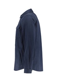 Granatowa koszula z teksturowanej tkaniny, z kołnierzykiem, kieszenią na piersi i zapięciem na guziki przy mankietach. Dodatkowe kieszenie boczne dla zwiększenia funkcjonalności.