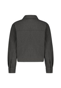 Geknipt, donkergrijze jas van textuurrijke wolmixstof. Bevat een spitse kraag en knoopmanchetten ter decoratie. Achteraanzicht weergegeven.