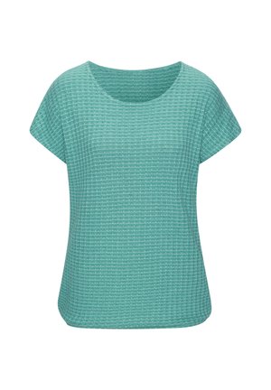 Teal short-sleeve top with a textured pattern, round neckline, and a relaxed fit. Features an even knit design throughout.