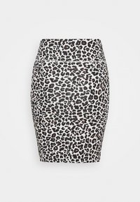 Leopardenmuster Bleistiftrock mit hoher Taille, dehnbarem Material und figurbetontem Schnitt. Die Farben umfassen Weiß, Schwarz und Braun.