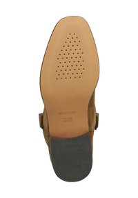 Sole in suede marrone con bordo in gomma testurizzata, caratterizzata da un design perforato per la traspirabilità e con "GEOX ITALIAN PATENT" inciso.