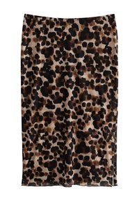Jupe imprimée léopard dans des nuances de marron et de noir, fabriquée en tissu léger, présentant une silhouette droite et une texture lisse.