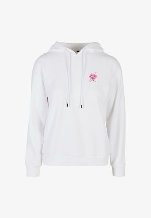 Felpa bianca con cappuccio regolabile, texture morbida, con un ricamo floreale rosa nella zona del petto sinistro e polsini a coste.