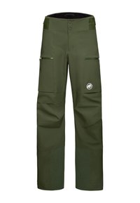 Pantalons imperméables verts avec une finition lisse, deux poches zippées à l'avant, des jambes inférieures renforcées et un patch logo sur la cuisse.