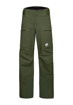 Green waterproof pants with a smooth finish, two front zip pockets, reinforced lower legs, and a logo patch on the thigh.