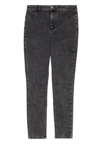 Jeans ajustados de color negro con lavado ácido, con bolsillos frontales, cinturones, cierre de botón y costuras visibles sobre un fondo blanco.