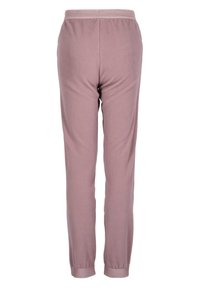 Light pink sweatpants made of soft fabric, featuring an elastic waistband and fitted cuffs at the ankles. Smooth texture with subtle pattern detailing.