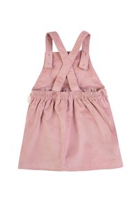 Rosa Kordkleid mit gekreuzten Trägern und gerafftem Taillenbund. Glatte Textur und elastischer Bund für einen optimalen Sitz.