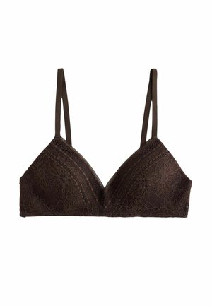 Dark brown lace bralette with floral pattern, thin adjustable straps, and a V-shaped neckline on a plain white background.