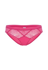 Slip in pizzo rosa e rete con motivo floreale, dettaglio a fiocco centrale e bordi ondulati. Texture morbida con vita elastica.