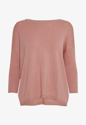 Pull en maille surdimensionné rose clair avec un col large et des manches trois-quarts. Présente une texture douce et un ourlet légèrement courbé.
