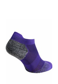 Lila und graue Knöchelsocke mit einem strukturierten Strickdesign, das einen glatten oberen Teil mit einem gemusterten Mittelteil und einer verstärkten Ferse hervorhebt.