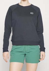 Sudadera de color azul marino oscuro con cuello redondo y mangas raglán, combinada con pantalones cortos verdes. Presenta un pequeño logo en el pecho. Textura de tela suave.
