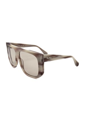 Occhiali da sole rettangolari effetto marmo grigi e neri con montatura spessa e lenti scure, logo MaxMara sulla stanghetta.
