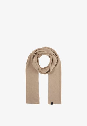 Fular bej cu textură ribbed, confecționat dintr-un material moale, având un design simplu, cu un etichete la un capăt și aranjat într-o buclă.