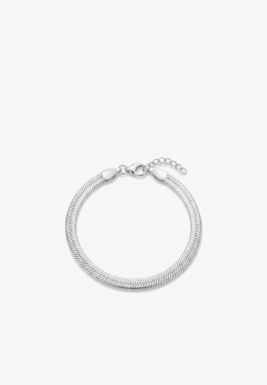 Bracelet en chaîne serpent en argent avec fermoir mousqueton et petite chaîne d'extension sur fond blanc.