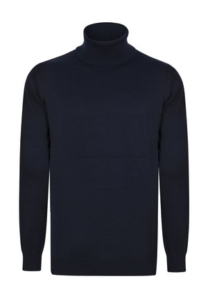 Navy ribbed turtleneck sweater with long sleeves, made from a smooth knit fabric, featuring a fitted silhouette and stretchable cuffs.