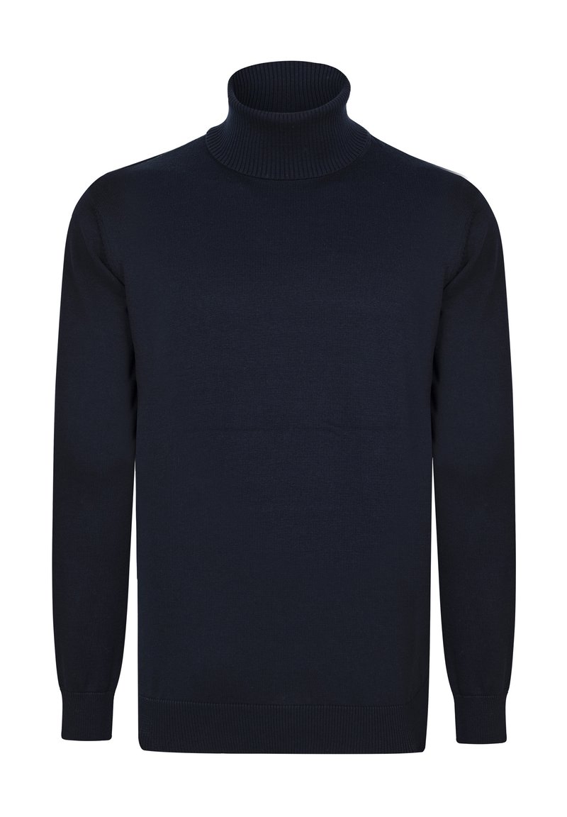 Dunkelblaues, geripptes Rollkragenshirt mit langen Ärmeln, aus glattem Strickstoff gefertigt, mit taillierter Silhouette und dehnbaren Bündchen.