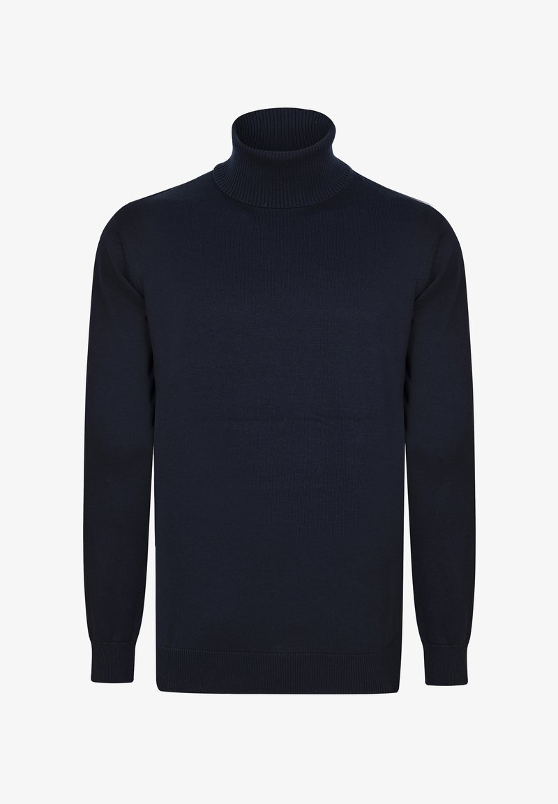 Dunkelblaues, geripptes Rollkragenshirt mit langen Ärmeln, aus glattem Strickstoff gefertigt, mit taillierter Silhouette und dehnbaren Bündchen.