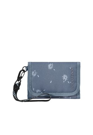 Blue fabric wallet with white daisy patterns, black wrist strap, and flap closure on a white background.