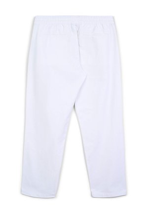 Pantalon blanc à taille élastique avec une coupe droite. Il comporte deux poches arrière et un tissu lisse et léger.