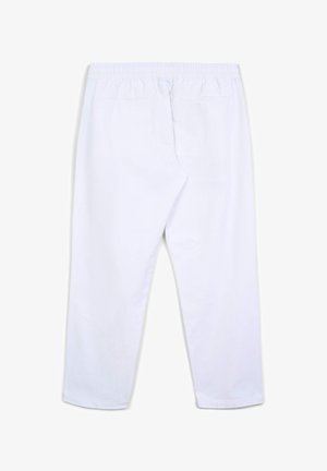 Pantaloni bianchi con vita elastica e design a gamba dritta. Presentano due tasche posteriori e una texture di tessuto liscia e leggera.