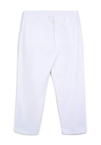 Weiße elastische Hose mit einem Gummibund, zwei aufgesetzten Gesäßtaschen, geradem Bein und glatter Stoffoberfläche. Keine sichtbaren Muster oder Akzente.