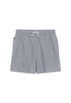 Navy un balti svītrainie peldbikses ar elastīgu jostu, auklu un sānu kabatām, izgatavotas no viegla auduma.