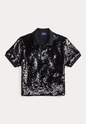 Black short-sleeve polo shirt covered in reflective black and silver sequins with collar and button placket, Polo Ralph Lauren logo visible.