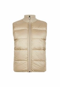Beige pufferväst med hög krage, quiltat mönster, dragkedja fram och ribbad krage. Tillverkad av mjukt, lätt material.