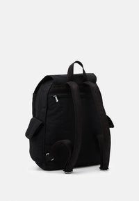 Black backpack made from durable fabric, featuring padded shoulder straps, a top handle, a zippered main compartment, and side pocket.
