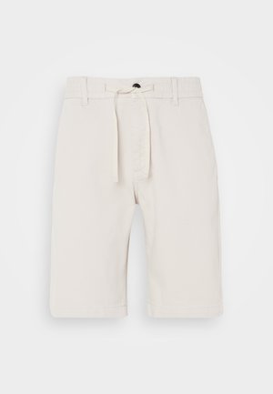 Beige cotton shorts with a drawstring waist, straight legs, side pockets, and a smooth texture. Designed for comfort and casual wear.