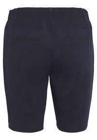 Pantaloni corti con fascia elastica in blu navy, dotati di passanti per cintura e due tasche a filetto posteriori, lunghi fino al ginocchio e realizzati in tessuto morbido.