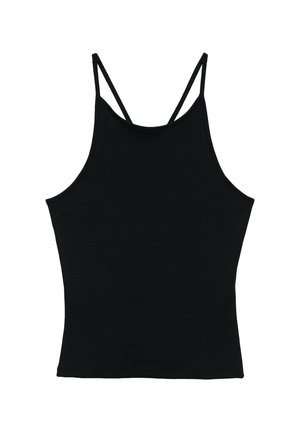 Black sleeveless women's top with thin double shoulder straps and a scoop neckline, photographed against a white background.