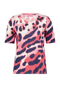 Short-sleeved T-shirt in soft fabric featuring a multicolored leopard print design in pink, navy, and cream with decorative accents.