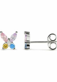 Schmetterlingsförmige Ohrringe mit rosa, gelben und blauen Edelsteinen, die in glänzendem Silber eingefasst sind. Das Design umfasst Marquise- und Rundschliffe.